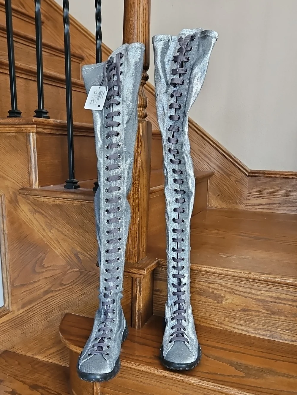 Emporio Armani Over-the-Knee Lace-Up Grey Metallic Sneaker Boots